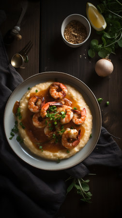 Risotto with shrimps and sauce on dark wooden backgroundの素材