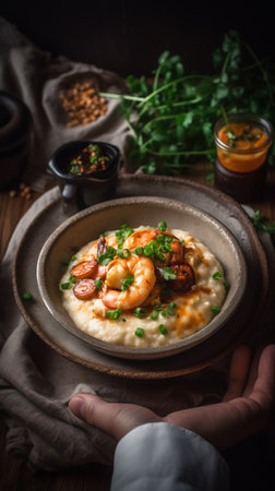 Risotto with shrimps and prawns on wooden backgroundの素材