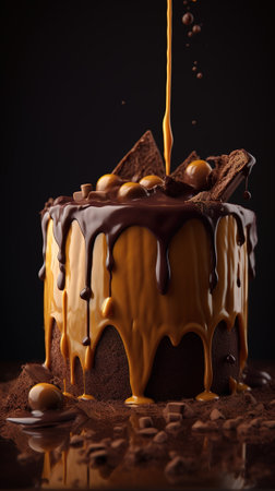 chocolate cake with hazelnuts and caramel on a black backgroundの素材