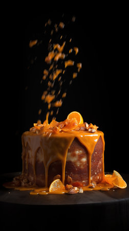 Caramel cake with orange and nuts on black background. Shallow dof.の素材