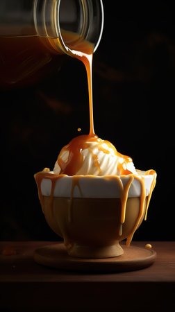 Pouring caramel syrup into a cup of coffee, close-upの素材
