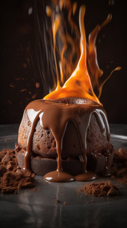 Chocolate bundt cake with melted chocolate and cocoa powder on dark backgroundの素材