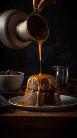 Chocolate bundt cake with caramel sauce. Selective focus.の素材