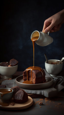 Chocolate bundt cake with caramel sauce and cup of coffee on dark backgroundの素材