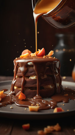 Pouring chocolate syrup on chocolate pancakes with fruits on wooden table, closeupの素材