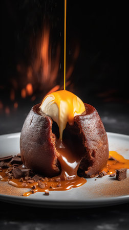 Chocolate fondant with ice cream and caramel on a black backgroundの素材