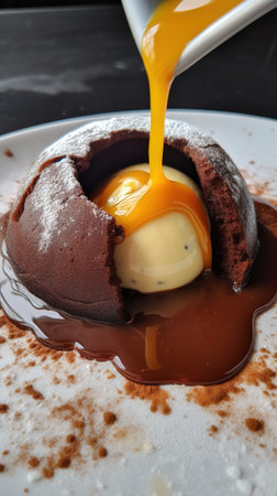 Chocolate lava cake with caramel sauce and egg yolk on topの素材