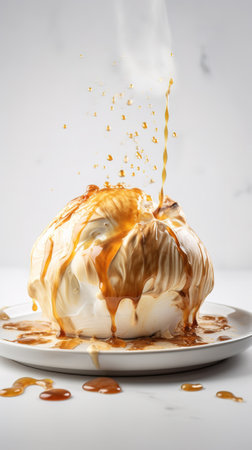 Pouring caramel sauce on a caramelized apple cake on a white plateの素材