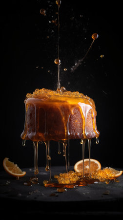 Falling drops of caramel on a piece of orange, black backgroundの素材