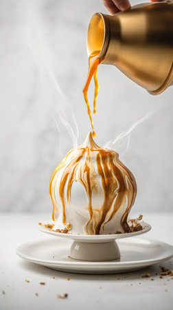 Pouring caramel sauce on a cup of coffee. Close upの素材