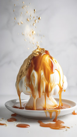 Pouring caramel sauce over a caramel panna cotta dessert.の素材
