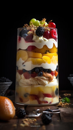 Greek yogurt parfait with fresh fruits and berries in a glassの素材