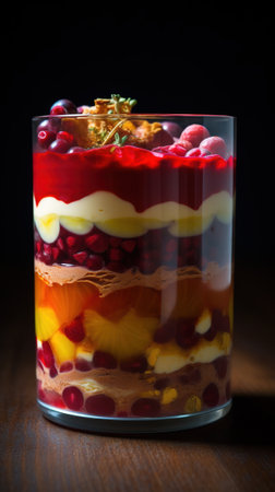 fruit dessert in a glass on a dark wooden background. selective focusの素材
