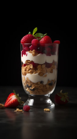 Delicious yogurt with granola and berries on table, closeupの素材