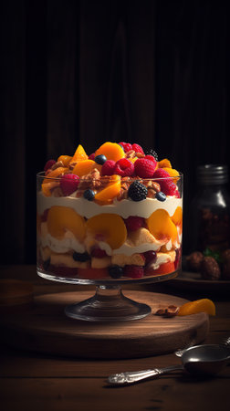 Tiramisu with fresh berries in a glass on a dark backgroundの素材