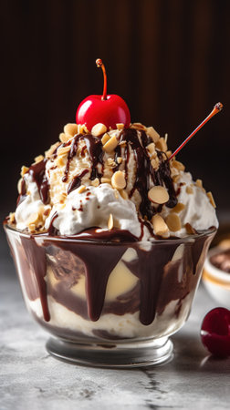 Chocolate sundae with ice cream, cherries and chocolate sauceの素材