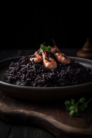 Black rice with prawns and parsley on dark wooden backgroundの素材
