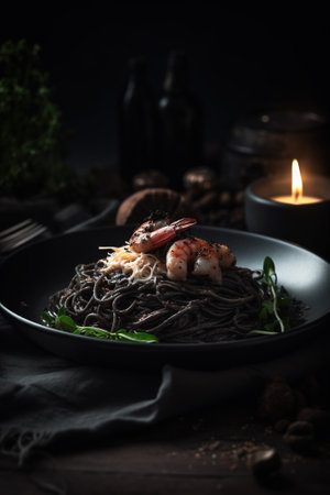 Black spaghetti with shrimps on a black plate, dark backgroundの素材