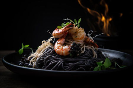 Black spaghetti with shrimps and black caviar on a black backgroundの素材
