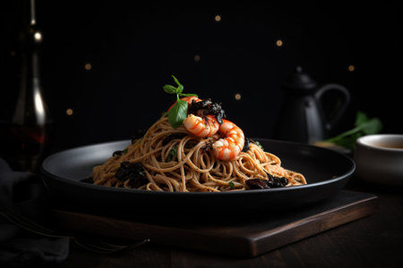 Tasty spaghetti with shrimps on plate, on dark backgroundの素材