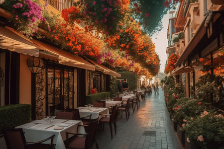 Street cafe with flowers in the old town of Tbilisi, Georgiaの素材