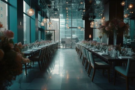 Elegant restaurant interior with tables and chairs, selective focus.の素材