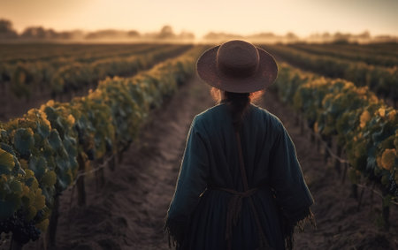 Young woman in a hat standing in a vineyard at sunset.の素材