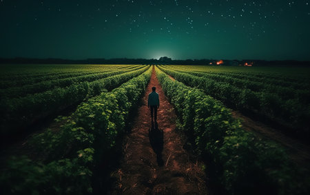Farmer standing on the edge of a field and looking at the starry skyの素材