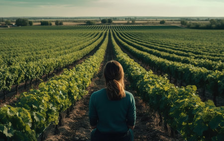 Young woman standing in vineyard and looking at vineyards.の素材