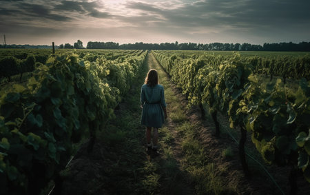 Young woman in vineyard at sunset. Toned image.の素材