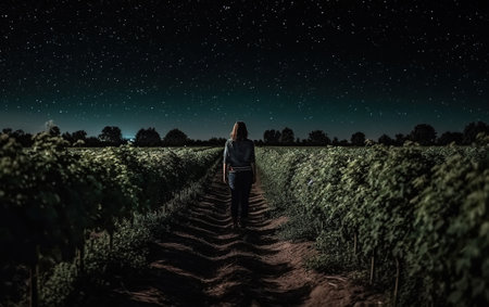 Young woman in vineyard at night with starry sky. Mixed mediaの素材