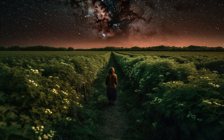 Young woman walking in the field at night with a milky wayの素材