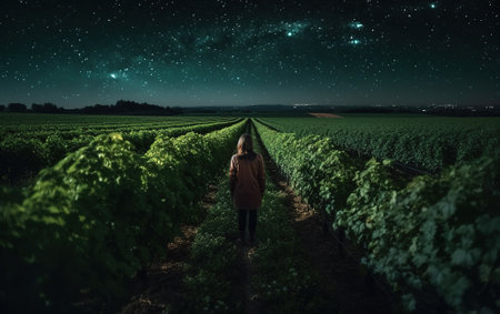 Woman in vineyard at night with stars and milky way.の素材