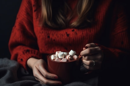 Woman in a red sweater holding a cup of hot chocolate with marshmallowsの素材