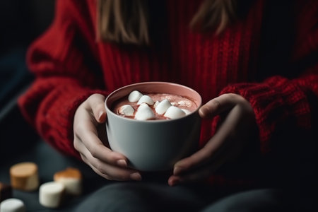 Woman in red sweater holding a cup of hot chocolate with marshmallowsの素材
