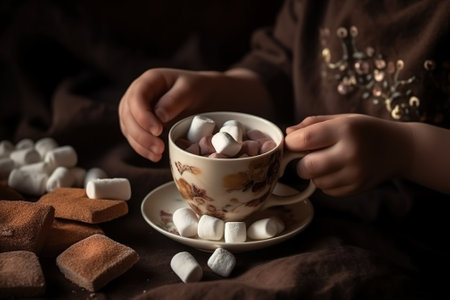 Little girl with cup of hot chocolate and marshmallows on dark backgroundの素材