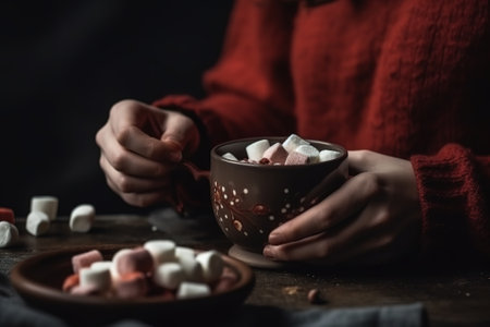 A woman in a red sweater drinks hot chocolate with marshmallows.の素材