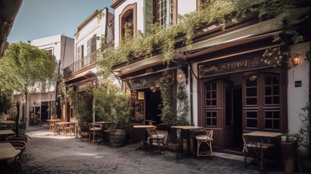 Street cafe in the old town of Nessebar, Bulgaria.の素材