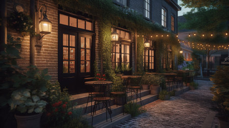 Street cafe with green plants in the evening. 3d render.の素材