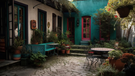 Old courtyard of a house with tables and chairs in the old town of Tbilisi, Georgiaの素材