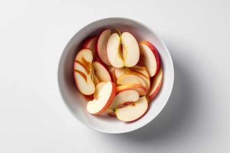 Sliced red apples in a bowl on a white background.の素材