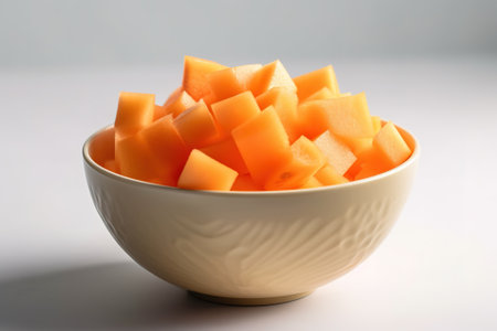 Cantaloupe melon slices in a bowl on white backgroundの素材