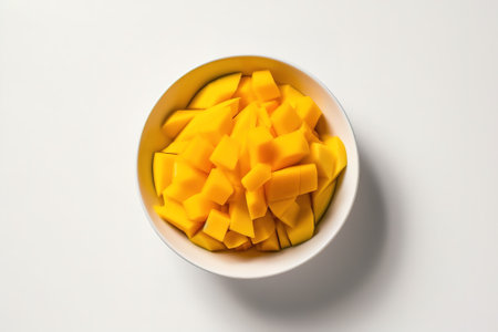 Mango cubes in a bowl on white background, top view.の素材