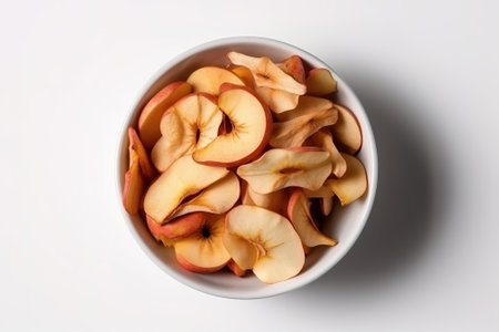 Sliced apples in a bowl on white background, top viewの素材
