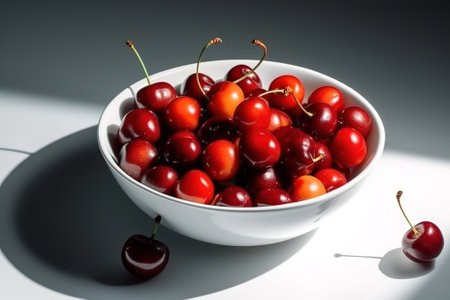 Cherries in a white bowl on a white background with shadowsの素材