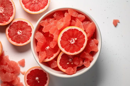 Bowl with slices of grapefruit on light background, top viewの素材