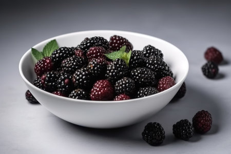 Blackberries and raspberries in a bowl on a gray backgroundの素材