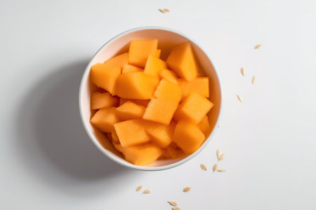Cantaloupe melon slices in bowl on white backgroundの素材