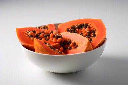 Papaya fruit with seeds in a bowl on a white backgroundの素材