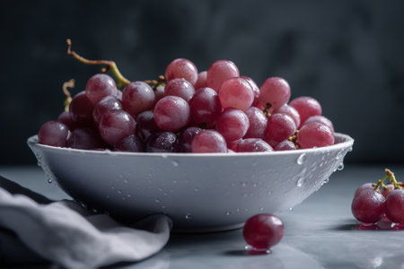 Fresh red grapes in a white bowl on a dark background. Selective focus.の素材